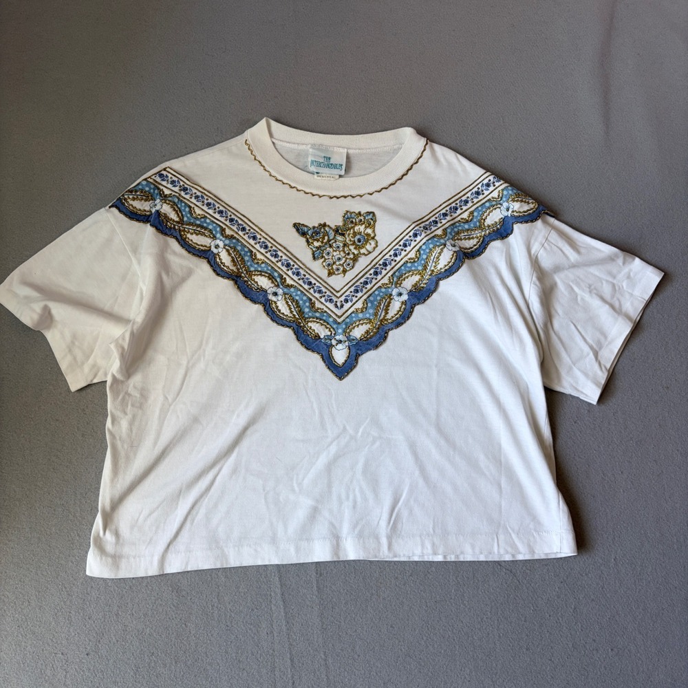 Vintage The Interchangeables Puffy Paint Floral Graphic T-Shirt White OSFA